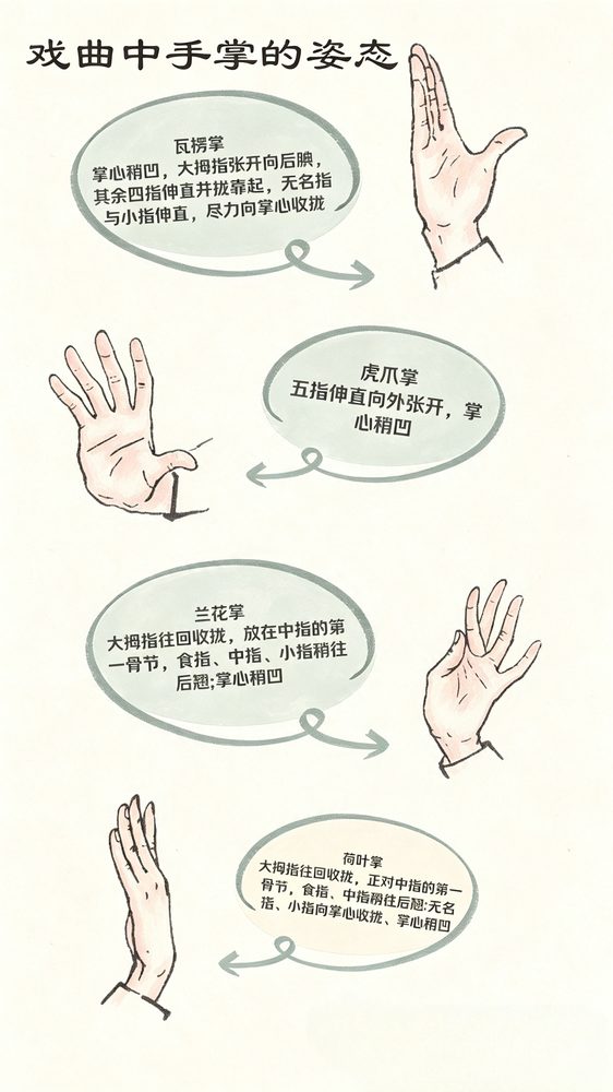 戏曲中手掌的姿态图解：瓦楞掌、虎爪掌、兰花掌、荷叶掌