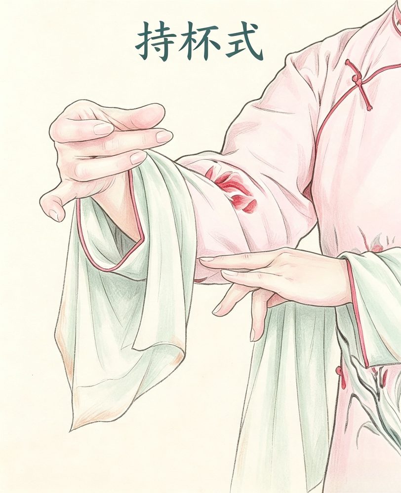 持杯式图解：双手一上一下，如持杯与托袖