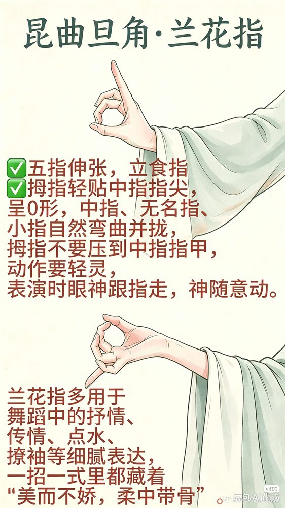 兰花指图解：五指伸张，立食指，拇指轻贴中指指尖呈0形