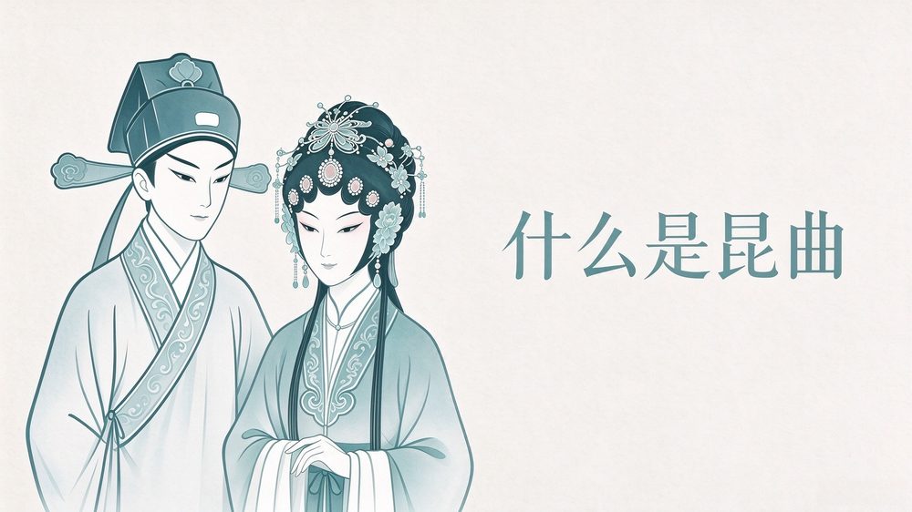 昆曲生角与旦角人物淡彩插图，右侧写着“什么是昆曲”